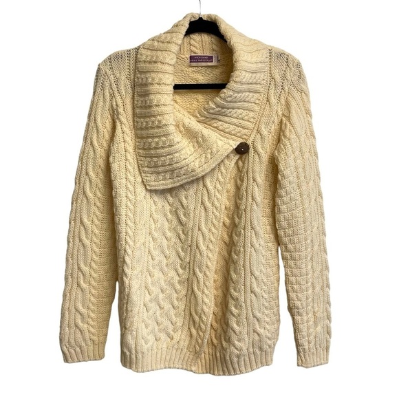 HIGHLAND HOME INDUSTRIES Vintage Wool Aran Cable Knit Cardigan Sweater Cream S - Picture 2 of 6